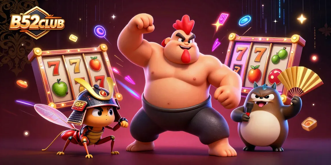 B52CLUB showcases a vibrant casino scene with a grand sumo rooster, fierce cricket, and tanuki announcer amid slot reels.