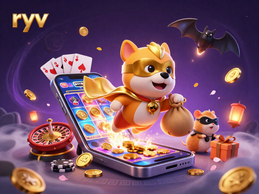 Experience the thrill of gambling at ryv with a cartoon dog superhero flying through a casino scene packed with gold coins and game elements.