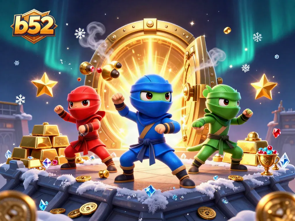 b52 casino illustration with ninja chameleons and golden treasures igniting action.
