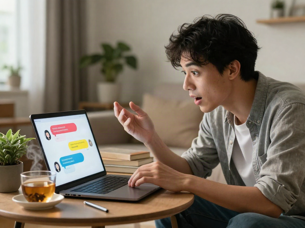 Engaging ai sex chat interaction on a laptop in a cozy home setting.