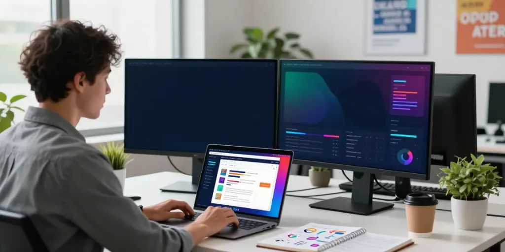 Digital marketer analyzing instant indexing metrics in a vibrant office environment.