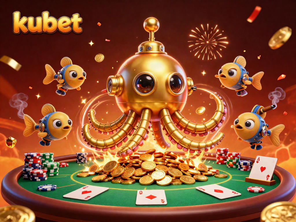 Experience thrilling kubet poker excitement with a golden kraken submarine amidst vibrant casino decor.