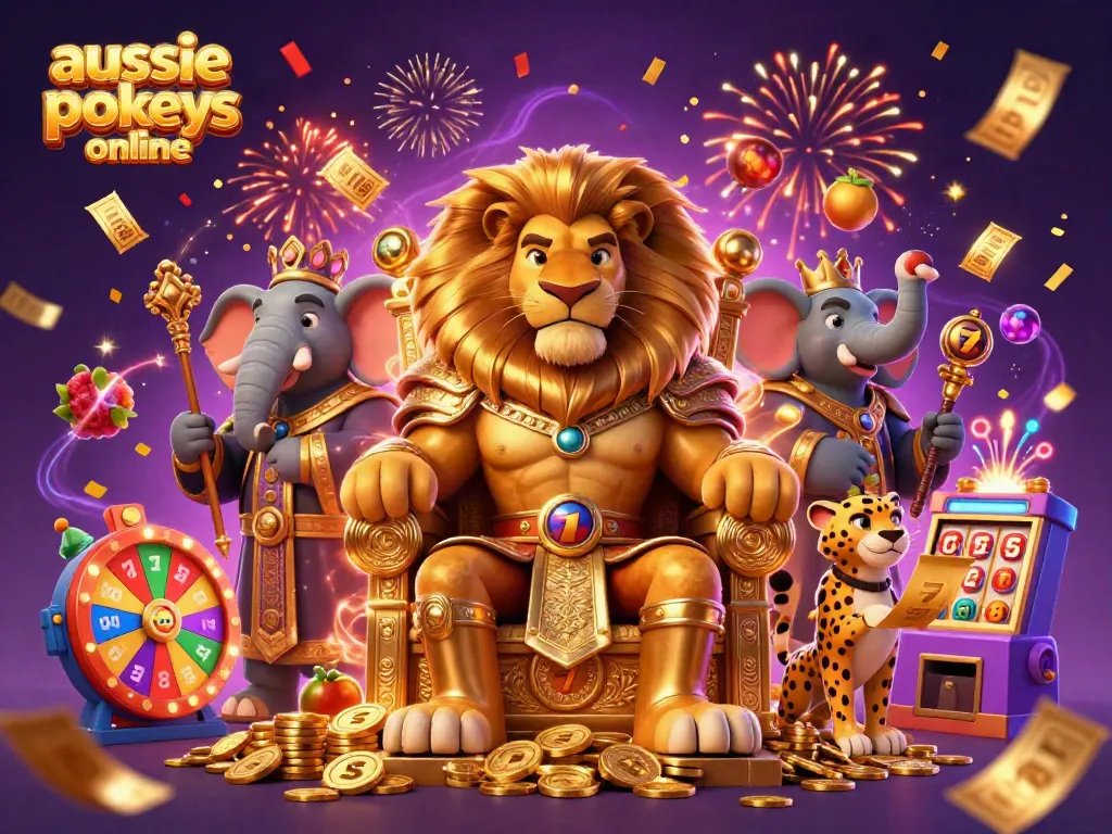 Experience the thrill of aussie pokies online with an inspiring 3D illustration of a lion king, elephant advisor, and cheetah messenger amidst vibrant casino elements.