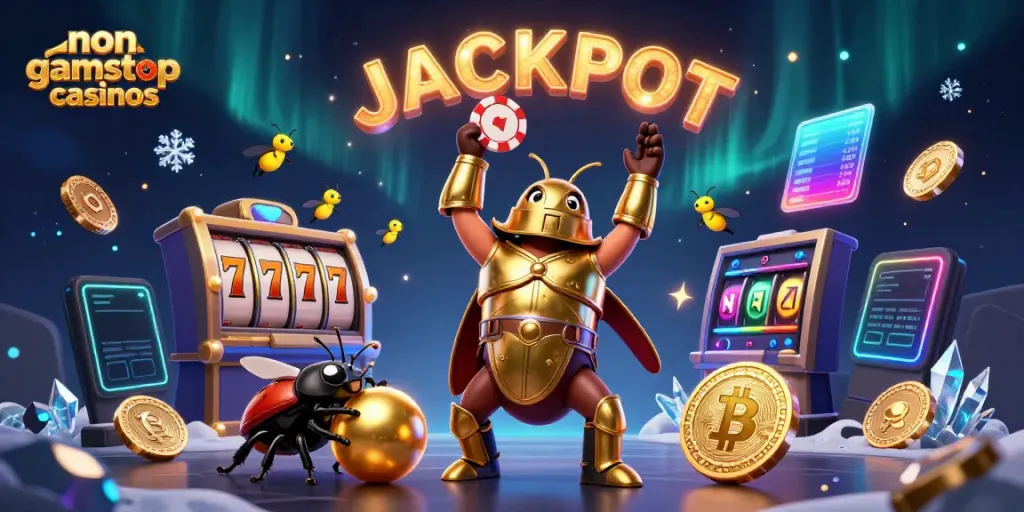 Celebrate wins at non gamstop casinos with a vibrant 3D scene of a beetle champion and jackpot elements.