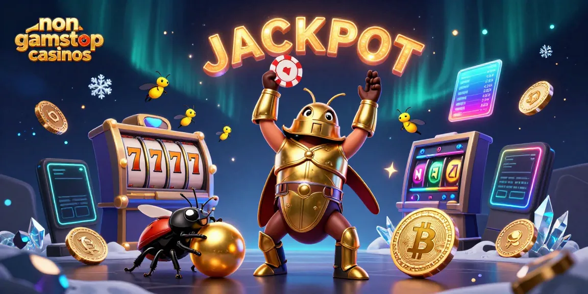 Celebrate wins at non gamstop casinos with a vibrant 3D scene of a beetle champion and jackpot elements.