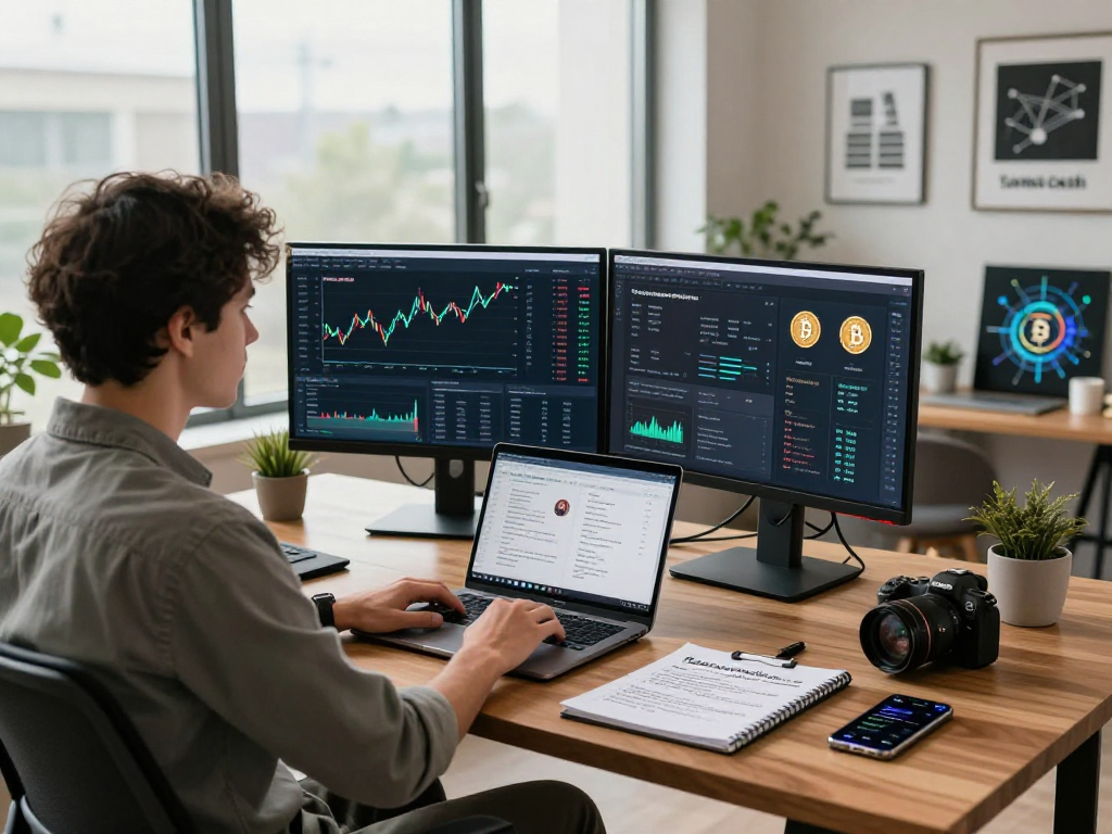 Blockchain analysis scene highlighting Tornado Cash technology in a modern home office.