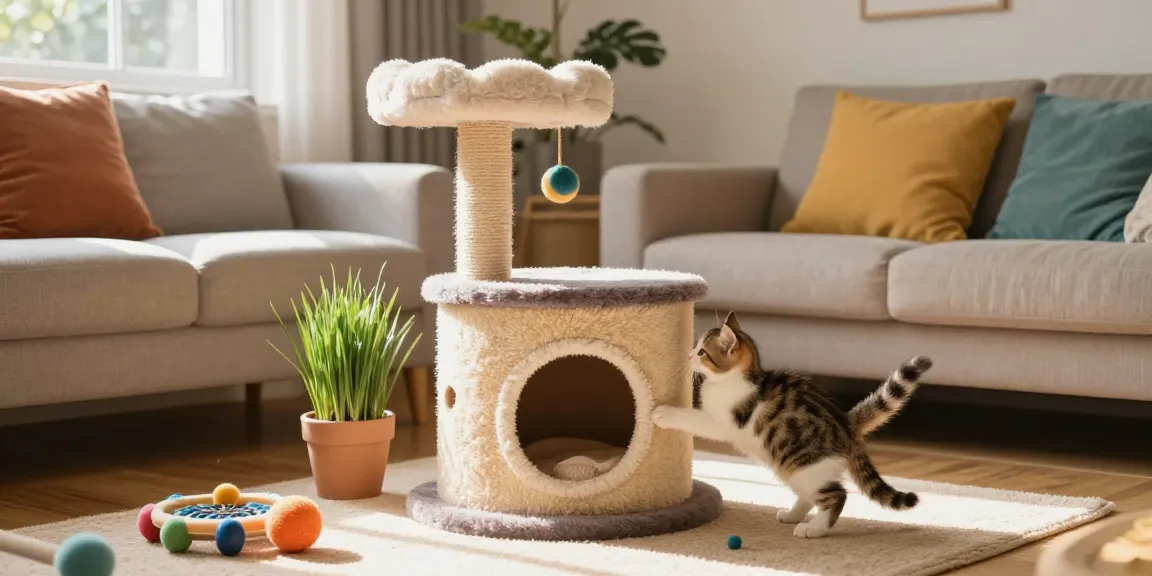 Playful kitten climbing on a colourful cat tower with scratching posts and toys.