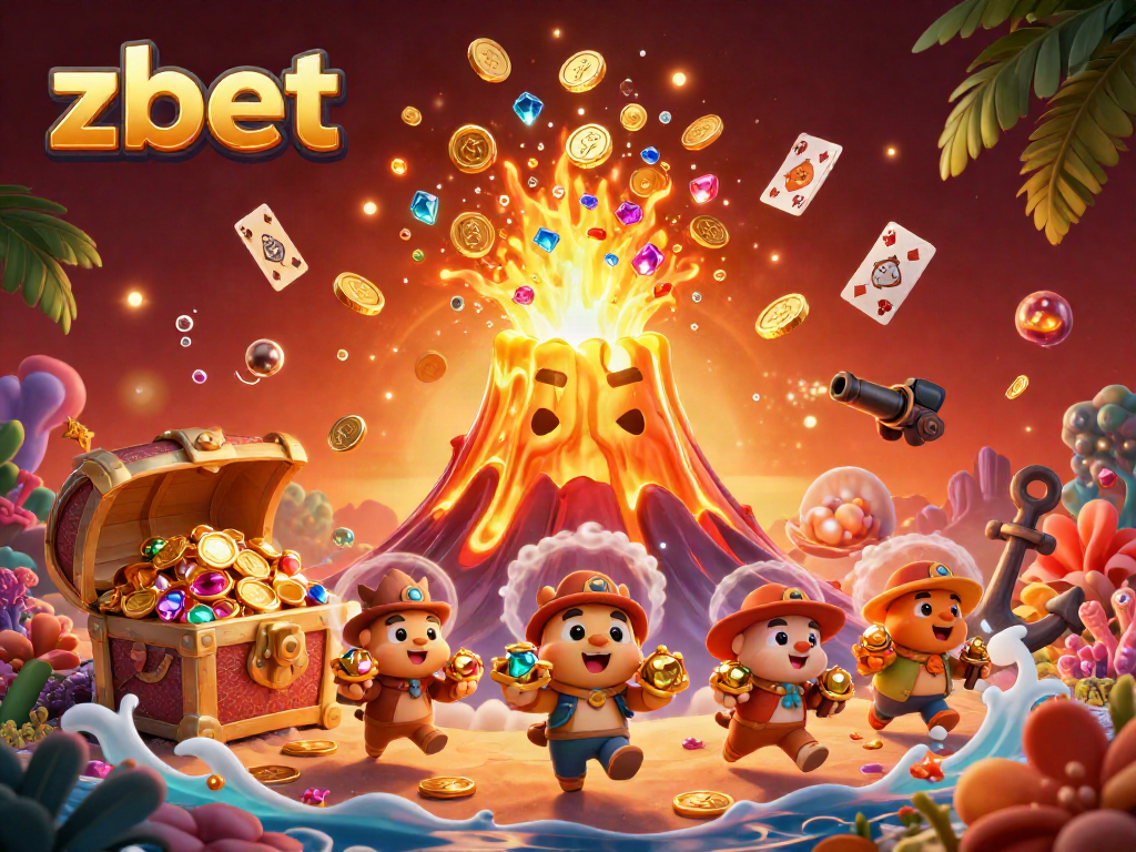 Experience the thrill of zbet gaming with a golden volcano erupting treasure in a vibrant casino scene.