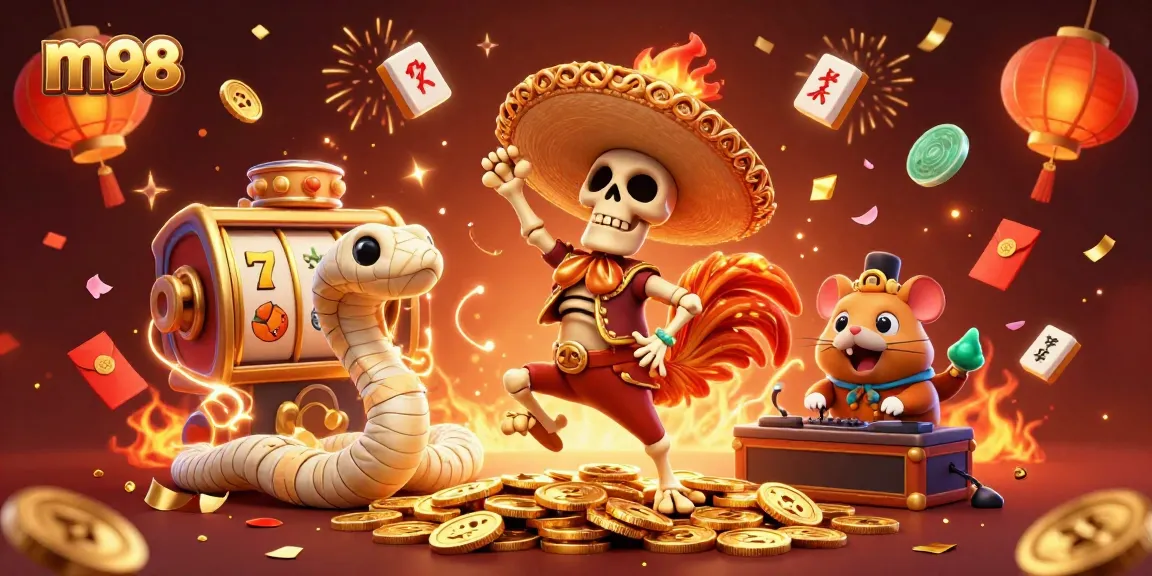 M98 thrills with exciting slots and a festive atmosphere featuring a lively mariachi rooster.