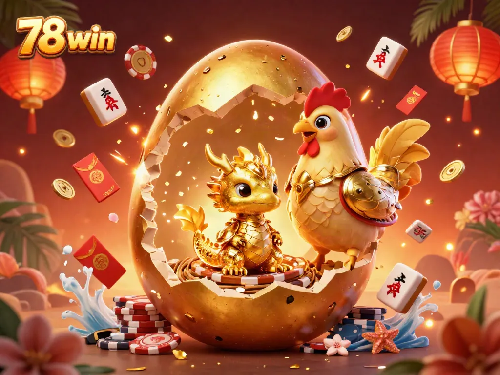 Experience the thrill of winning at 78 win with a dazzling golden dragon on poker chips amidst a casino scene.