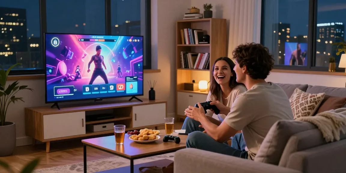 Couple enjoying a porngame on a cozy sofa, playful and intimate atmosphere.