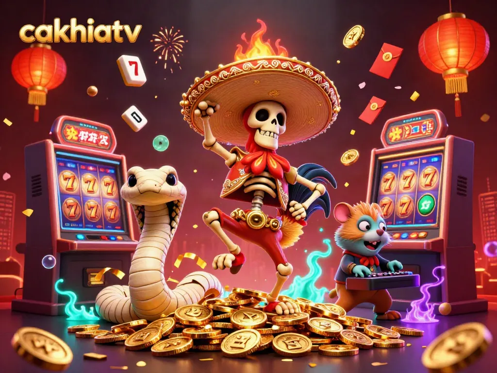 Cakhiatv showcases a vibrant 3D casino scene with characters celebrating amidst slot machines and festive decor.