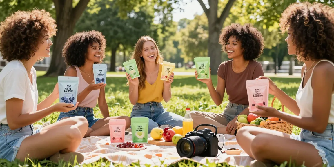 Friends enjoying Happy Go Leafy Kratom gummies in a sunny park setting with fresh fruits.