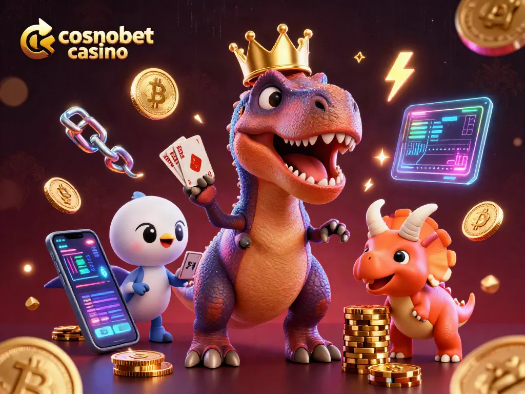Experience the excitement of cosmobet casino with a T-Rex shuffling cards and dinosaur friends stacking chips.