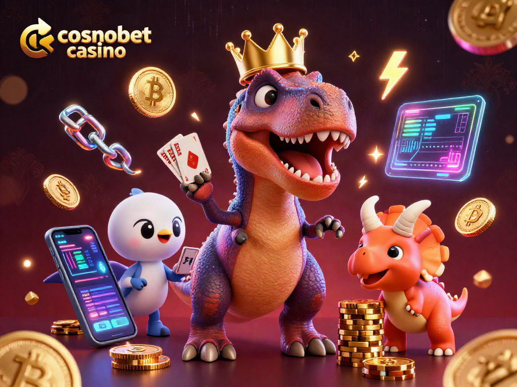 Experience the excitement of cosmobet casino with a T-Rex shuffling cards and dinosaur friends stacking chips.