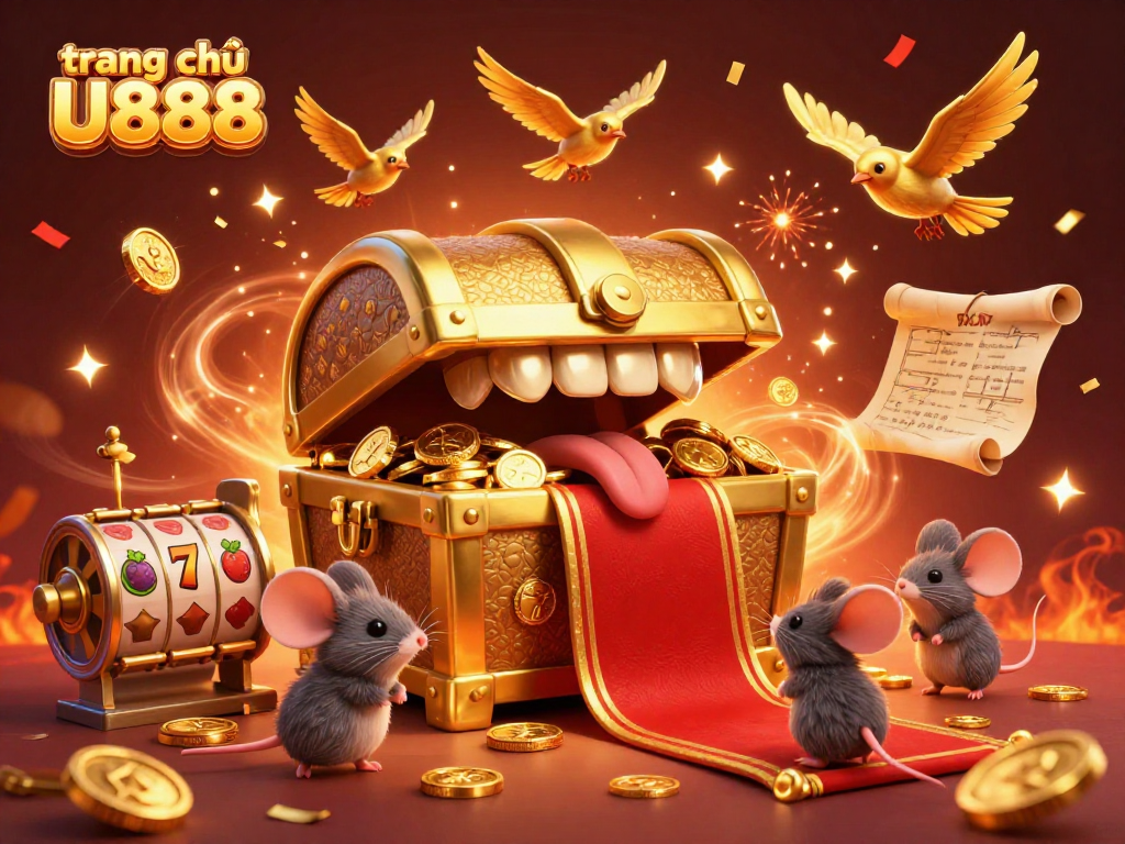 Experience the excitement on trang chủ U888 as adventurer mice are drawn to a treasure chest amidst gold confetti and dynamic casino elements.