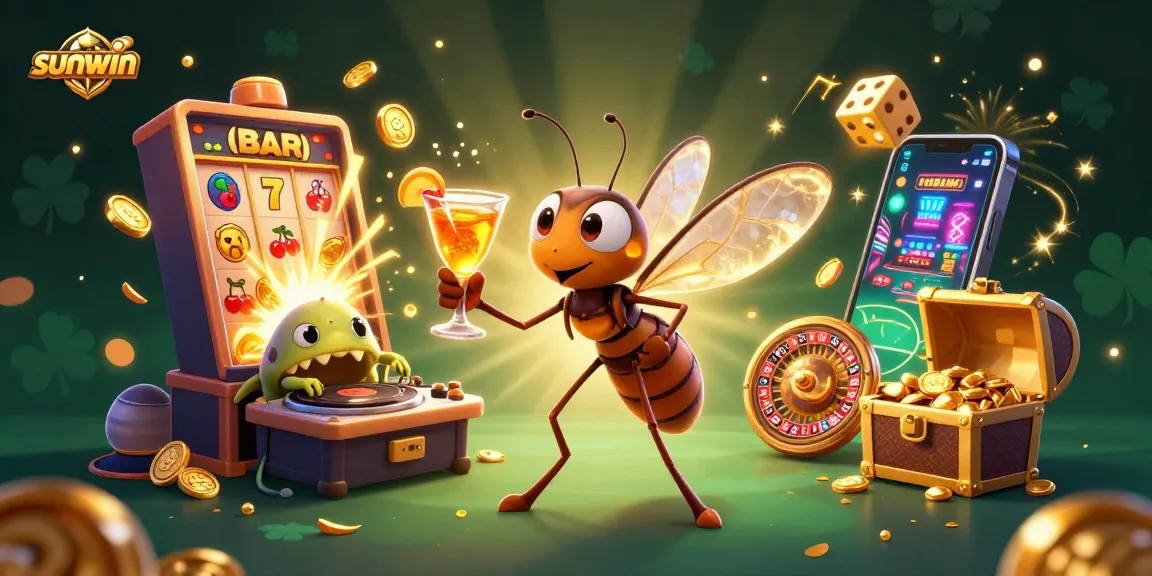 sunwin showcases an energetic casino scene with a frozen mosquito mascot, trilobite DJ, and golden roulette wheel