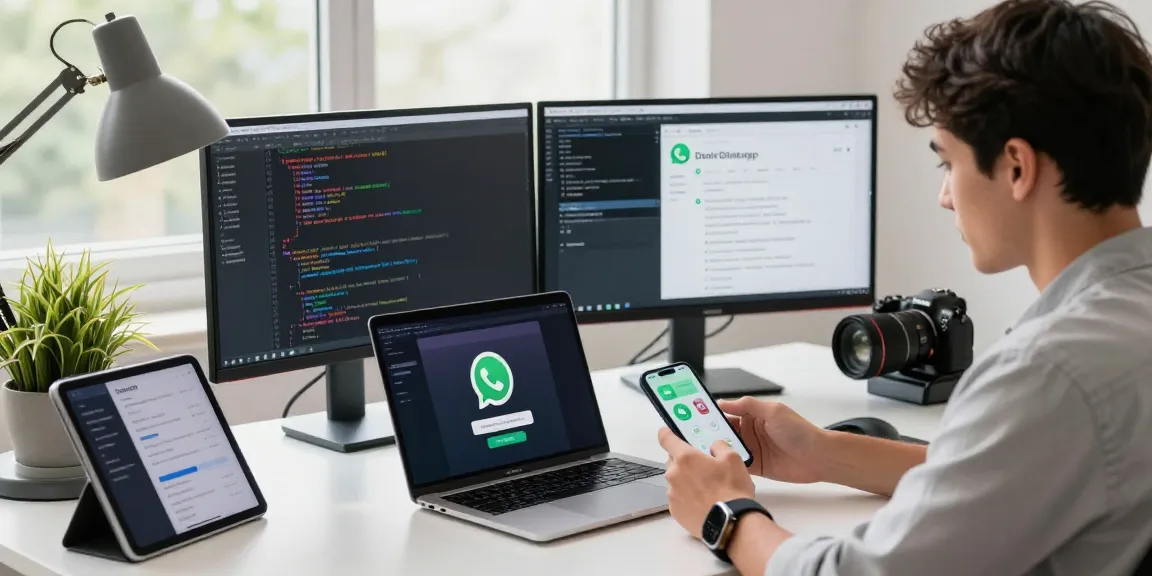 Professional downloading WhatsApp下載 on laptop and smartphone in a tech workspace