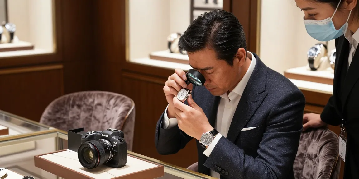 Explore stunning clone watches in a luxurious setting with a watch enthusiast examining a high-end timepiece.